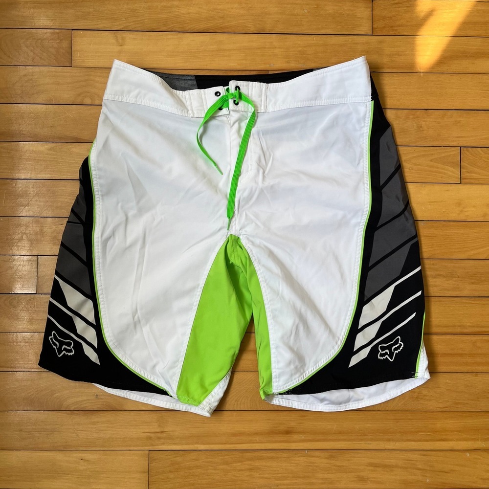 Fox Racing Mens Board Shorts White Black Lime Green Y2K Swim Trunks W34